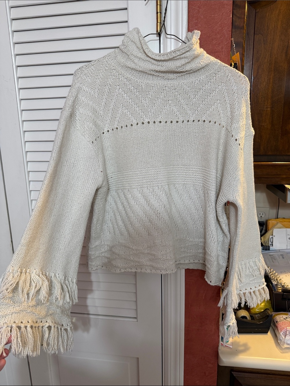 John + Jenn Cream Fringe Cowl Neck Sweater